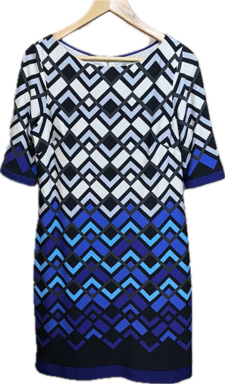 Eliza J 1/2 Sleeve Blue Black White Geometric Pattern Shift Dress Women 8